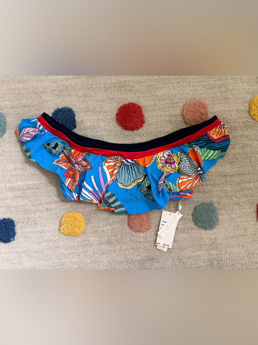 Trina Turk Bright Blue Floral Bandeau Bikini Top with Orange Accents